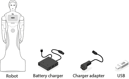 ARI with its battery charger, the charger adapter, and a USB key
