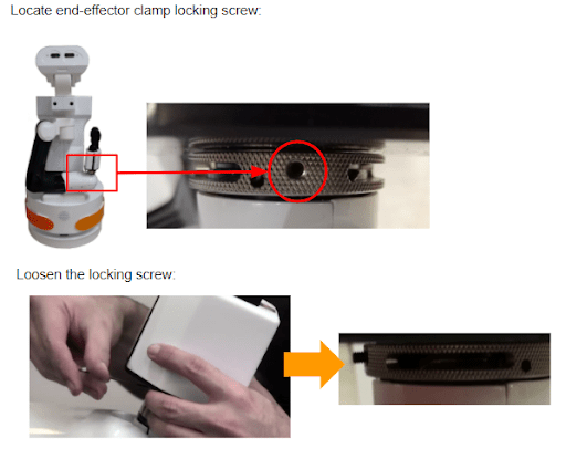 TIAGo robot indication on how to locate the end-effector clamp locking screw and on how to loosen it
