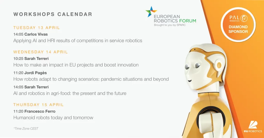 Event calendar of the European Robotics Forum 2021 with the social robot ARI on the side