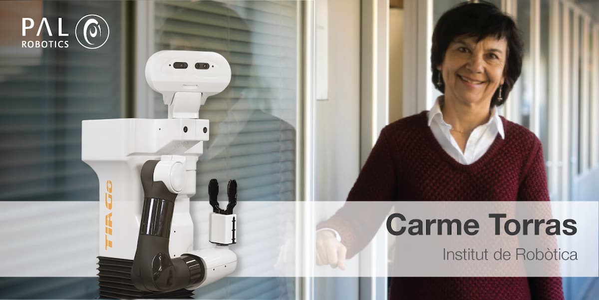 Researcher Carme Torras with the mobile manipulator robot TIAGo