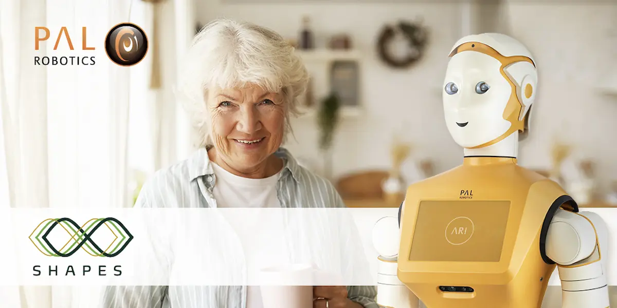 The home robot ARI with an elderly woman and the logo of Project SHAPES