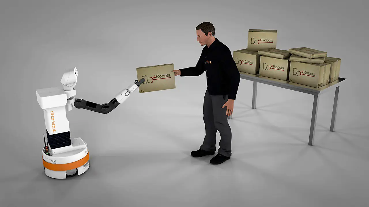 TIAGo robot helps a human with a box in a concept for Project Co4Robots