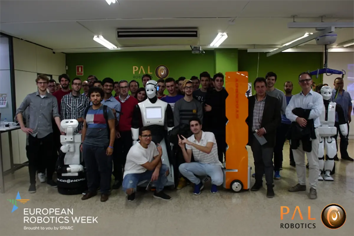 PAL Robotics' team at the European Robotics Week 2016 with StockBot, TIAGo, and REEM-C