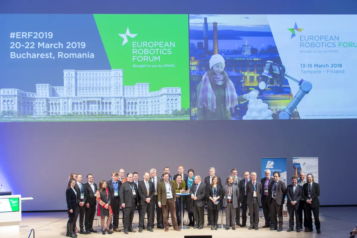 PAL Robotics' team on the stage at the European Robotic Forum 2019 in Romania