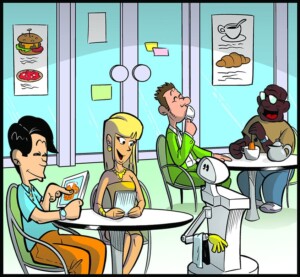 TIAGo robot in a comics strip for the Sciroc challenge as a waiter