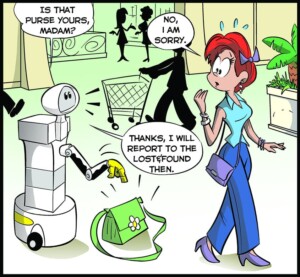 TIAGo robot in a comics strip for the sciroc challenge collecting lost items
