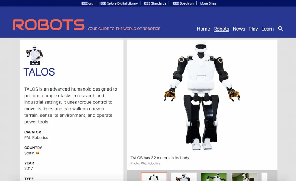 The dedicated page to TALOS robot on the IEEE's Robots Guide