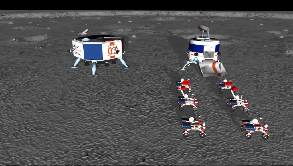 Robots on the lunar surface during the NASA Space Robotics Challenge