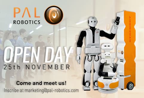 The robots REEM-C, TIAGo, and StockBot during the Open Day at the European Robotics Week 2016