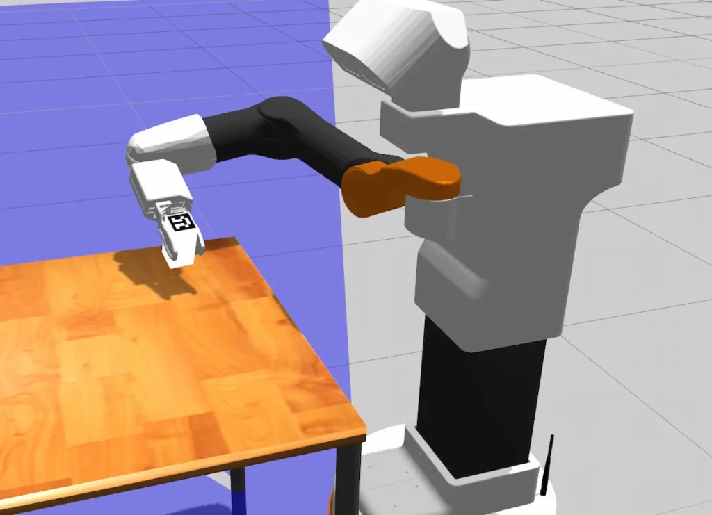 The mobile manipulator TIAGo robot during a ROS Simulation picking up an object and placing it on the table