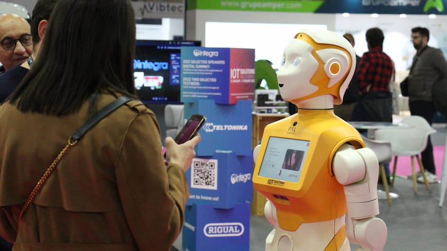 The humanoid social robot ARI greets guests