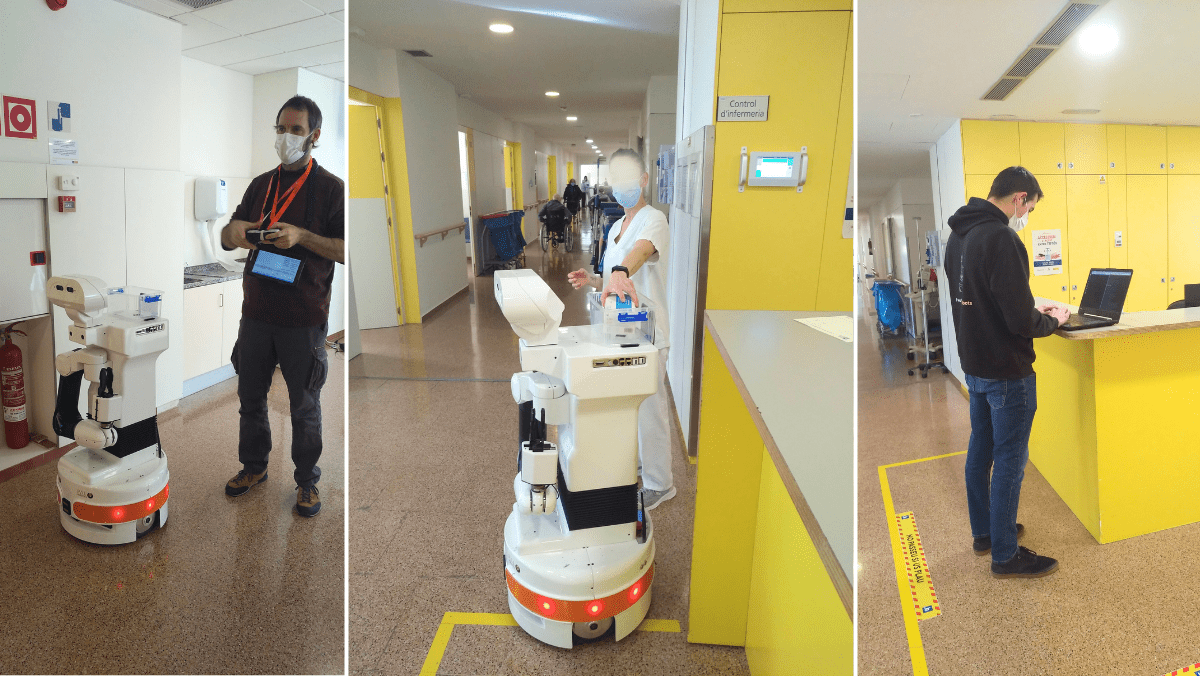 A triptych of images showing the deployment of the TIAGo robot in a healthcare setting: on the left, a technician with a remote control operates TIAGo; in the center, a healthcare worker interacts with the robot; and on the right, a person works on a laptop possibly programming or monitoring the robot's functions, all within the clinical, brightly-lit corridors of a medical facility.